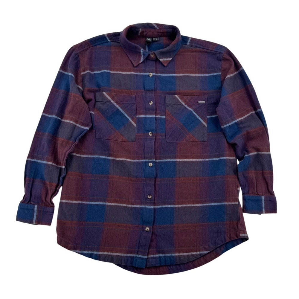 Volcom Flannel Shirt Mens Small Purple Blue Plaid Long Sleeve Excellent Skater
